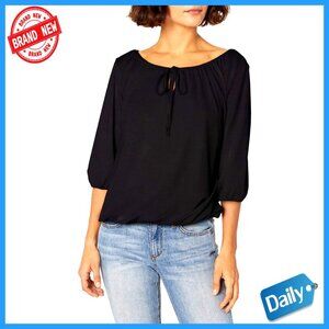 Plus Size Peasant Top Elastic Hem 3/4 Sleeve Keyhole Tie Blouse